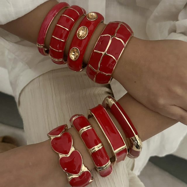 Bohemian Vintage Red Drip Oil Geometric Heart Open Elastic Bracelet