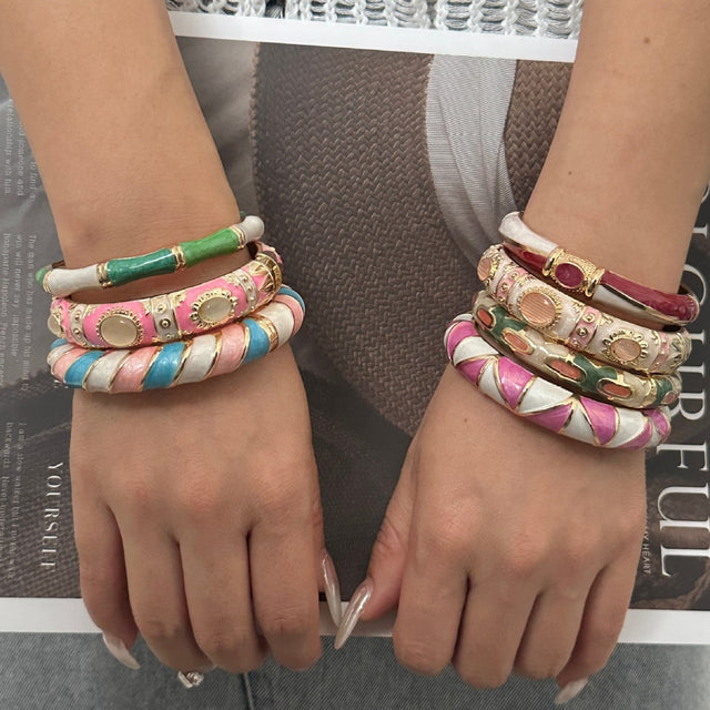 Colorful Geometric Checkered Drip Oil Plated Alloy Open Cuff Bracelet