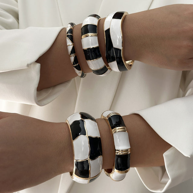 Colorful Black and White Checkered Geometric Drip Oil Plated Alloy Cuff Bracelet