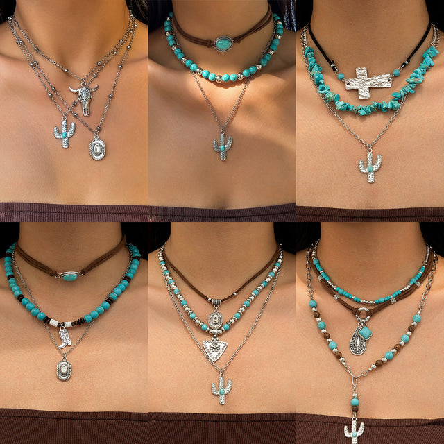 Bohemian Geometric Zinc Alloy Plated Ball Chain Necklace with Tassel and Cactus Pendant for Women