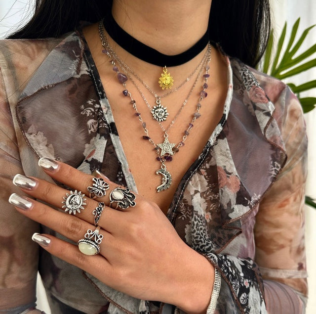 Bohemian Alloy Star Moon Geometric Plated Pendant Necklace with Tassel and Beads for Women