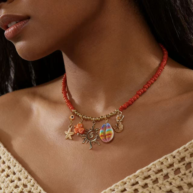 Bohemian Handmade Geometric Sun and Seashell Glass Bead Necklace with Red Coral Alloy Pendants for Women
