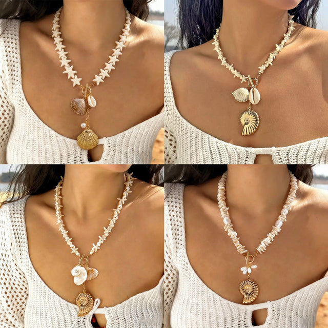 Bohemian Luxury Geometric Shell Starfish Conch Pendant Necklace Handmade Alloy Chain for Women