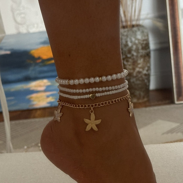 Bohemian Geometric Resin Beaded Shell Multi-Layer Anklet Set for Women