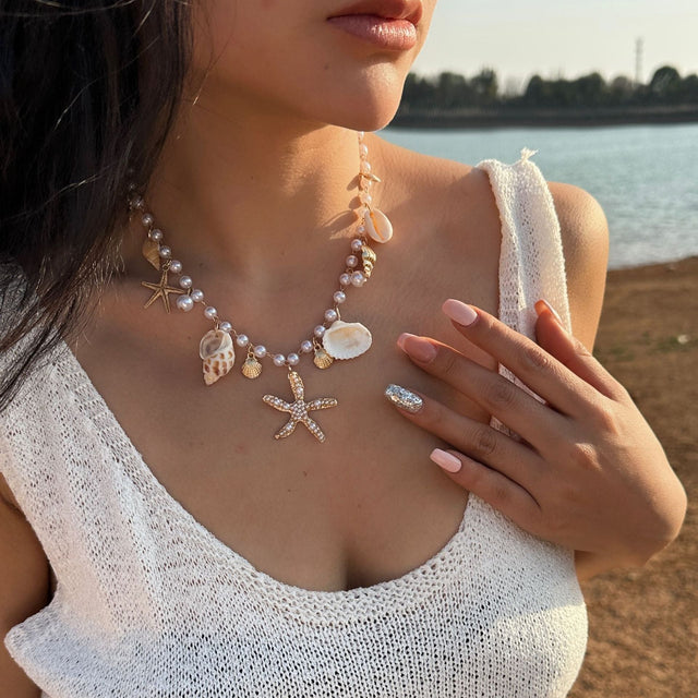 Bohemian Alloy Shell and Starfish Pendant Necklace with Ball Chain for Women