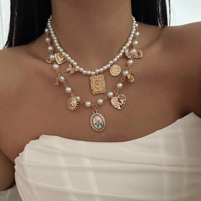 Bohemian Floral Heart Alloy Plated Pendant Necklace with Faux Pearl Tassel for Women