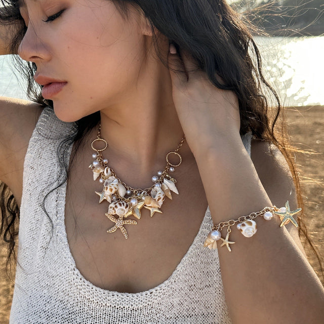 Bohemian Geometric Alloy Plated Conch Shell Starfish Pendant Necklace for Women