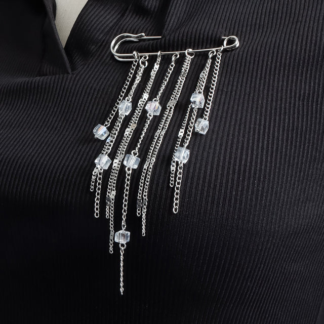 Elegant Square Geometric Crystal Plated Alloy Brooch with Tassel for Women