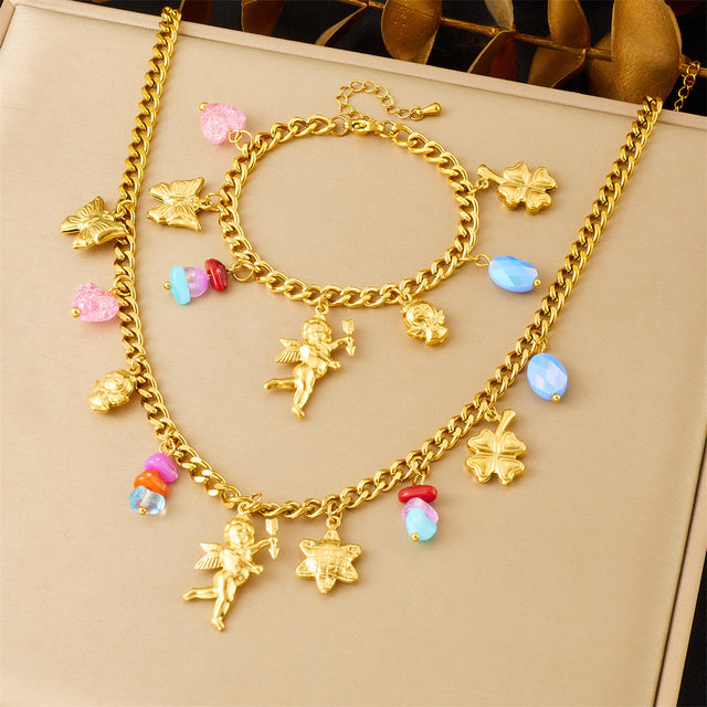Cute Cartoon Gold Plated Stainless Steel Butterfly Flower Angel Pendant Jewelry Set for Women