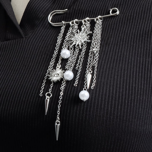 Elegant Geometric Alloy Plated Brooch with Tassel, Pearl and Rhestone Sun Eye Design