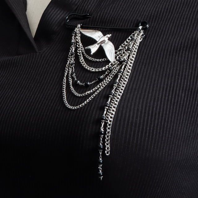 Fashion Geometric Alloy Plated Brooch with Black Beaded Tassel and Multi-layer Chain for Women