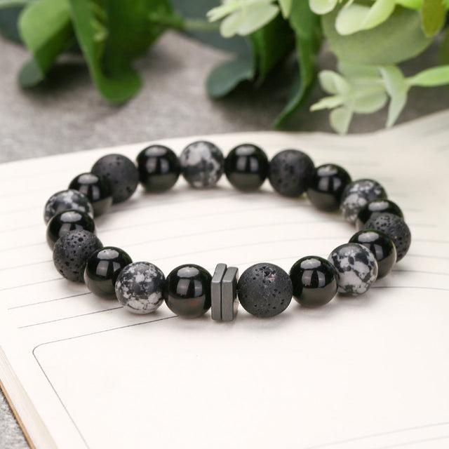 Ethnic Handmade Geometric Round Stone Bracelet with Snowflake Volcanic Stone and Hematite for Unisex