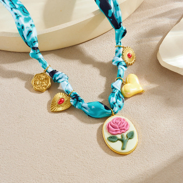 Blue Tie-Dye Fabric Gold Plated Heart Oval Floral Carved Pendant Necklace and Bracelet Set for Women