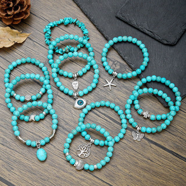 Bohemian Ethnic Geometric Round Alloy Turquoise Beaded Bracelet
