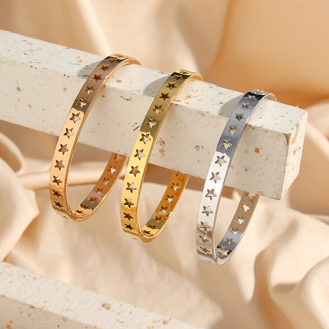 Fashion Rose Gold Plated 18K Stainless Steel Hollow Star Pattern Cuff Bracelet