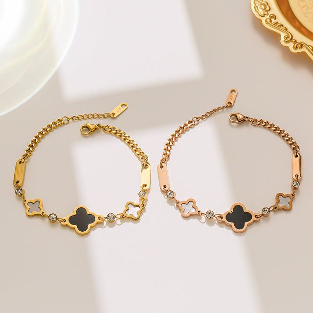Fashion 18K Rose Gold Plated Titanium Steel Four Leaf Clover Geometric Bracelet for Women