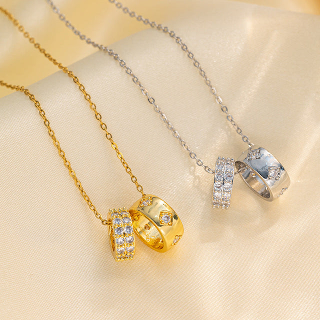 Cartoon Style Double Ring Geometric Titanium Steel Necklace with Gold Plating for Women, Delicate Clavicle Chain