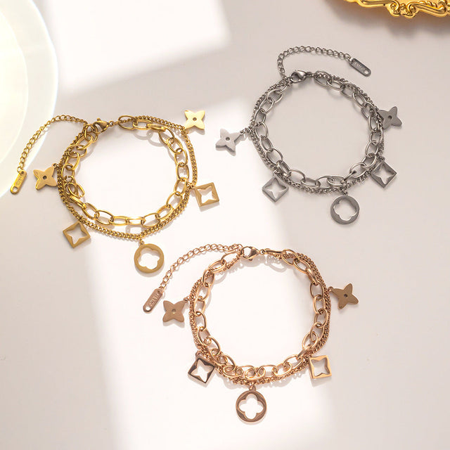 Minimalist Clover-Shaped Titanium Steel Bracelet for Women with 18K Rose Gold Plating and Hollow-Out Design