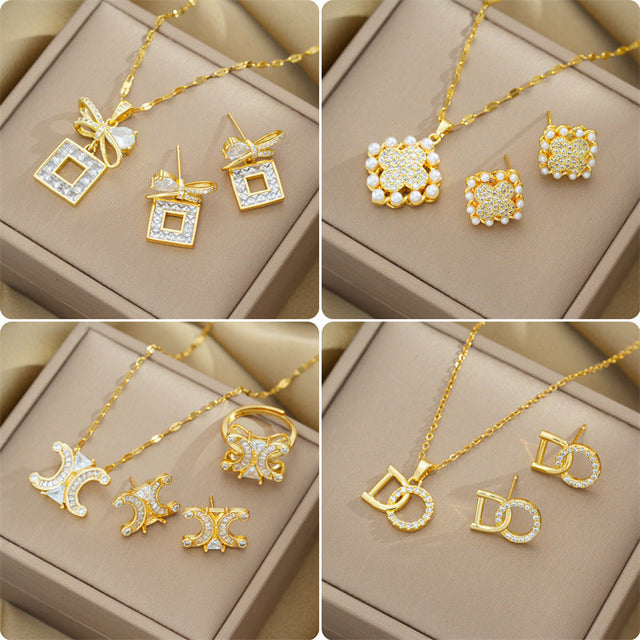 Luxury Minimalist Heart and Geometric Shaped Titanium Steel Necklace Set with Gold Plating and O-Chain for Women