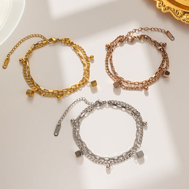 Fashion Titanium Steel Geometric Double Layer Bracelet for Women with Gold Plating and Lucky Beads