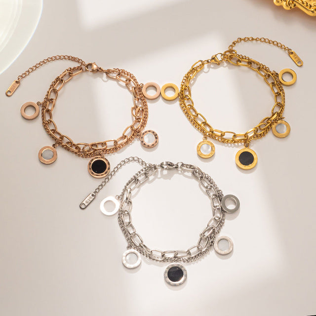 Geometric Black and White Abalone Shell Roman Numeral Double-Layer Titanium Steel Bracelet for Women with Plating Finish