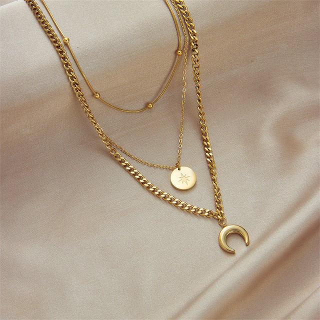 Vintage Star and Moon Pendant Necklace in Stainless Steel with Gold Plating for Women