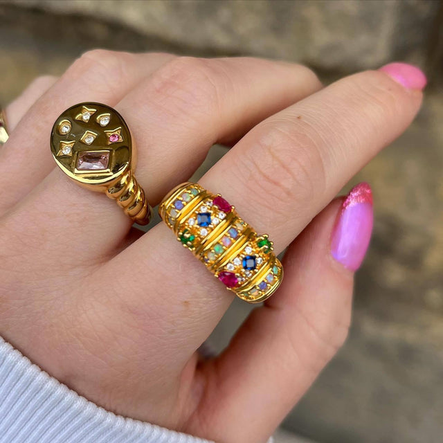 Cute Geometric Galaxy Star Map Ring with Zircon Stars and Moon, Gold-Plated Copper Ring for Women
