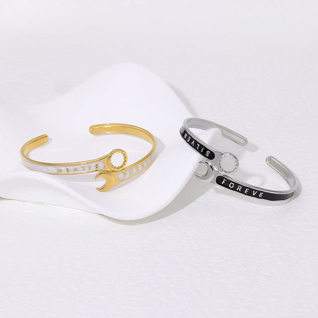 Creative Wrench-Shaped Titanium Steel Bracelet with Enamel Finish and 18K Gold Plating, Adjustable Open Bangle for Women