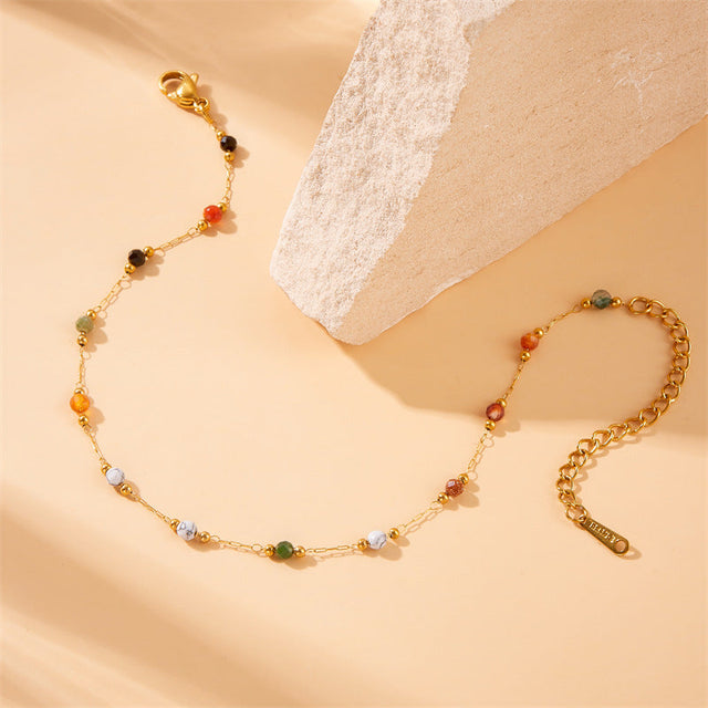 Minimalist Beach Style Colorful Beaded Stone Stainless Steel Anklet