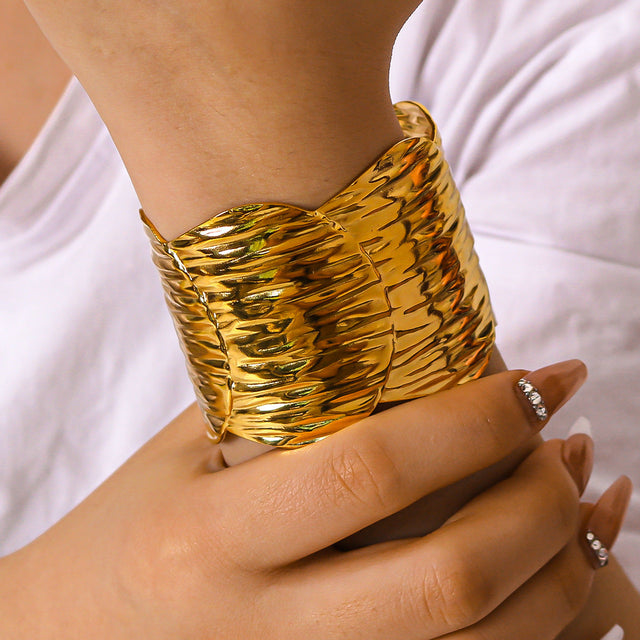 Adjustable Titanium Steel Bracelet with 18K Gold Plating for Women — Irregular Shape Minimalist Metal Cuff Bangle