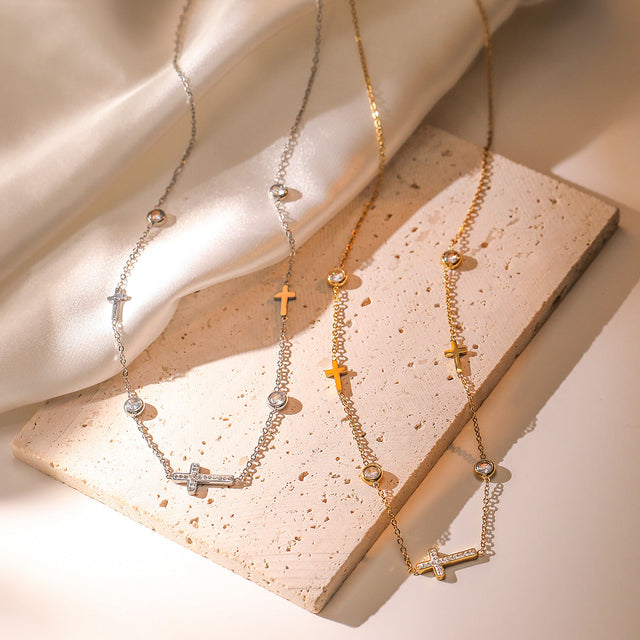 Minimalist Cross Pendant Necklace for Women in Titanium Steel with Real Gold Plating and Zircon Inlay