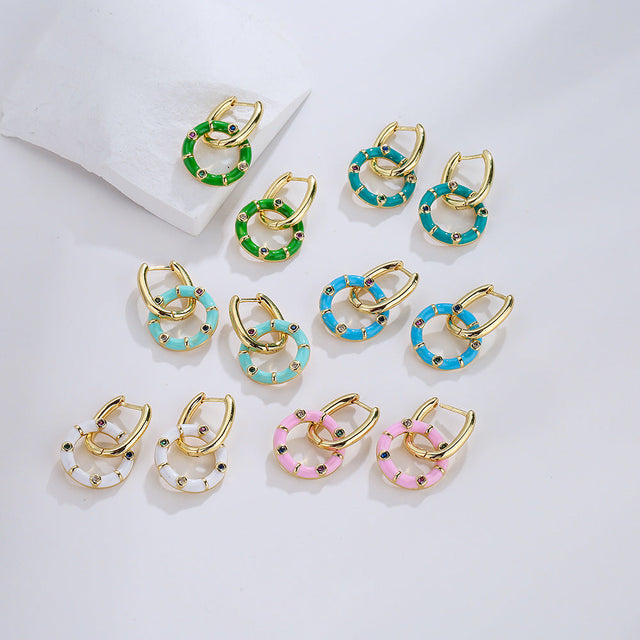 Bohemian Style Geometric Copper Earrings with 18K Gold Plating and Enamel Finish, Rhinestone Accents, Fresh and Cute Design