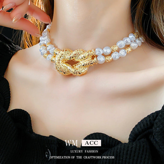 Chic French-Style Knotted Double-Layer Pearl Necklace for Women with Geometric Pendant, Electroplated Alloy, Elegant Clavicle Chain