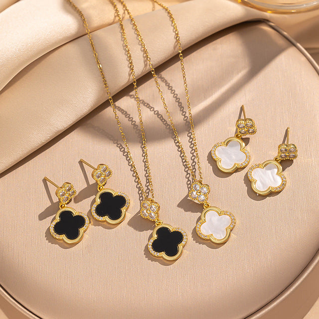 Luxury Style Clover-Shaped Titanium Steel Necklace and Earrings Set with Micro-Pavé Setting for Women and Men