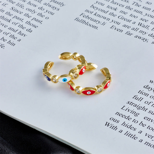 Casual Geometric Evil Eye Open Ring for Women with Copper Base Plated in 18K Gold and Micro-Paved Zirconia with Enamel Finish