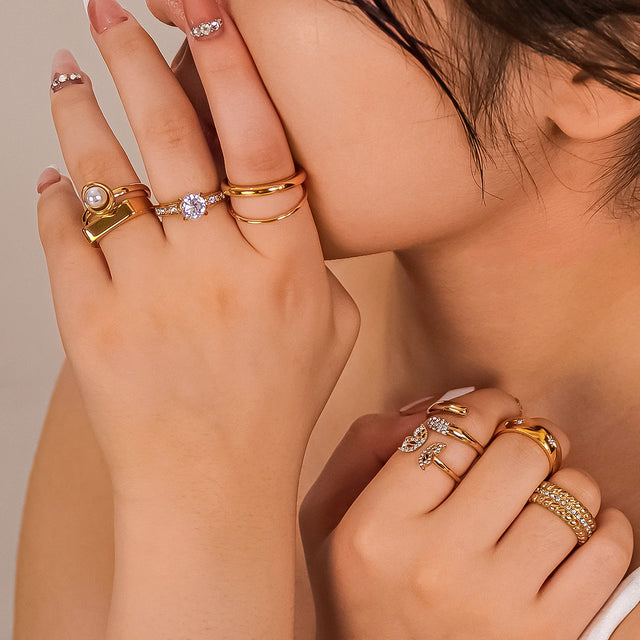 Minimalist Double Layer Stainless Steel Ring Set with Micro Paved Zircon and Pearl 18K Gold Plated Unisex Jewelry
