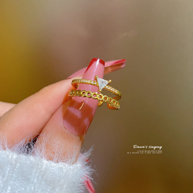 Kawaii Style Crown-Shaped Brass Ring with Gold Plating Adjustable Open Band for Women