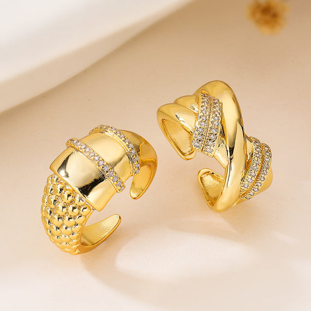 Minimalist Geometric Adjustable Copper Ring with 18K Gold Plating and Zircon Inlay for Women