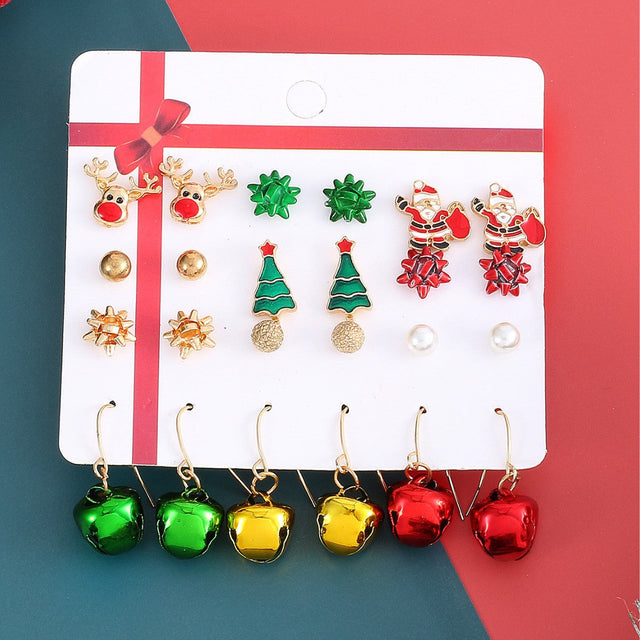 Christmas Tree Santa Claus Bell Earrings Set Alloy Plated Women's Holiday Gift Jewelry 12-Piece