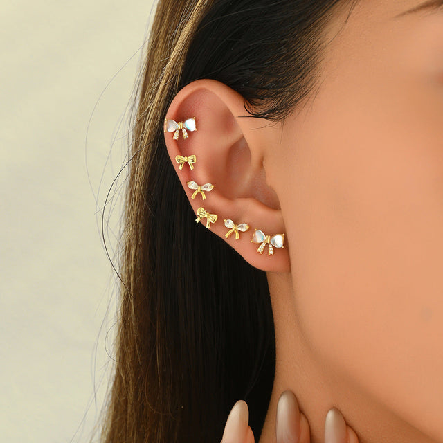 Chic Bow-Knot Shaped Zirconia Inlaid Copper Earrings Set for Women with Geometric Design and Fresh Sweet Style