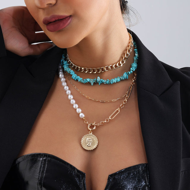 Bohemian Geometric Imitation Pearl Beaded Necklace for Women with Electroplated Alloy Pendant and Clavicle Chain