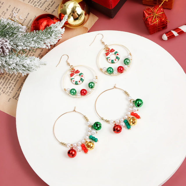 Cartoon Character Shaped Alloy Hoop Earrings with Pearl and Colorful Bell Accents for Women Christmas and New Year Festive Gift