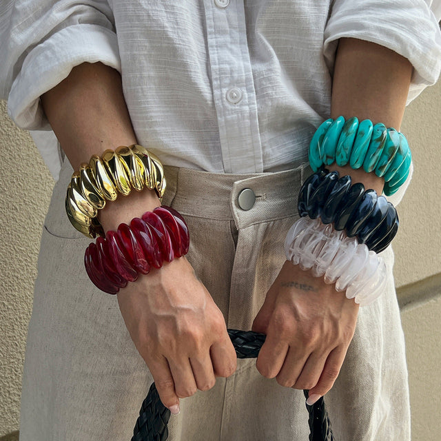 Bold Geometric Acrylic Bracelet with Marbled Effect and Flexible Band for Women