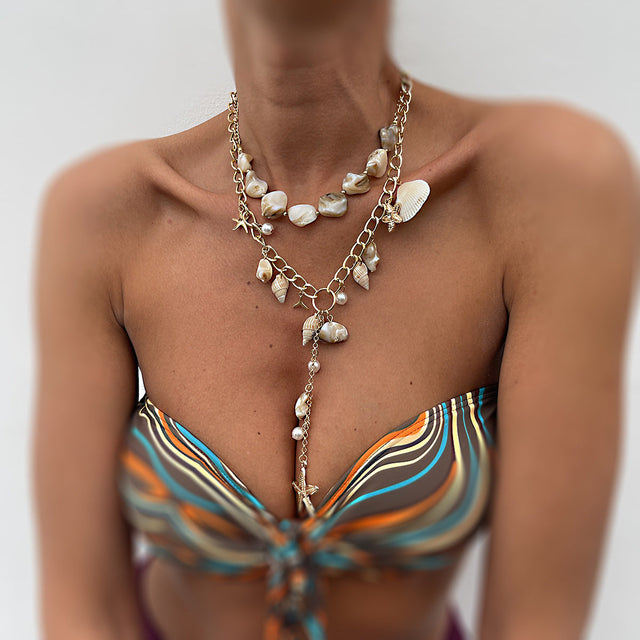 Minimalist Star-Shaped Seashell Pendant Necklace with Alloy and Imitation Pearl Accents on Electroplated Iron and Aluminum Chain