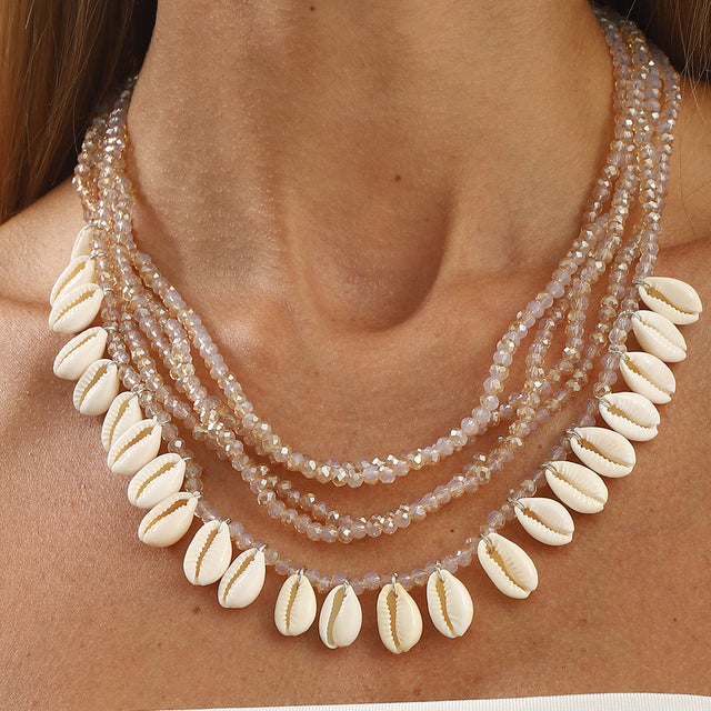 Vacation Style Handmade Multi-Layer Necklace with Shell Pendant and Rhinestone Accents