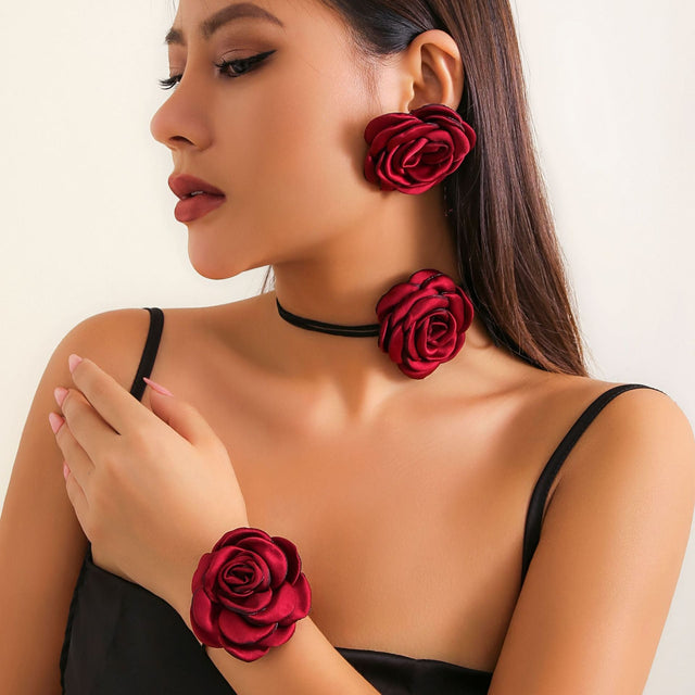 French Vintage Floral Choker Necklace for Women with Rose and Camellia Fabric Blossoms on Velvet and Satin Band