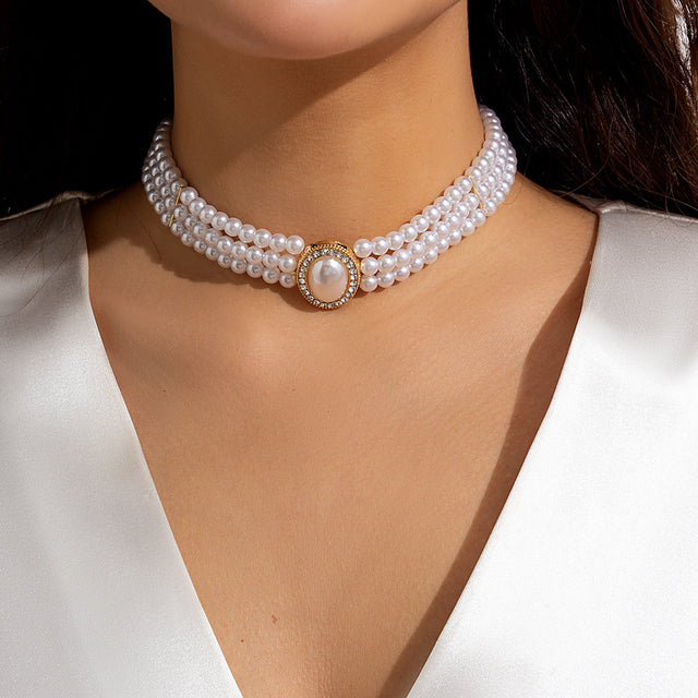 Elegant French-Style Multi-Layer Beaded Necklace with Round Geometric Pendant and Alloy Charm for Women