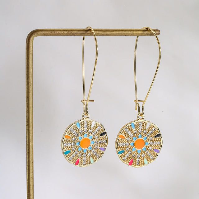 Bohemian Style Geometric Copper Pendant Earrings with 18K Gold Plating and Zircon Inlay for Women