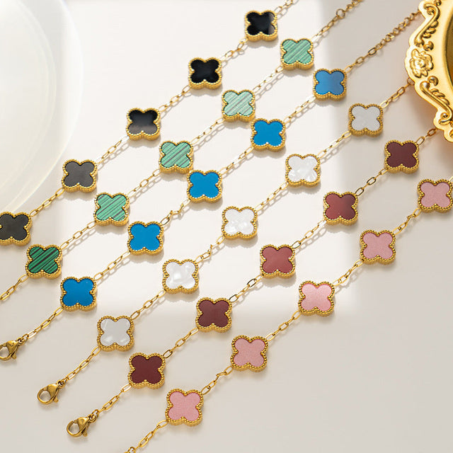 Minimalist Clover-Shaped Titanium Steel Bracelet for Women with Gold Plating and Mother-of-Pearl Inlay