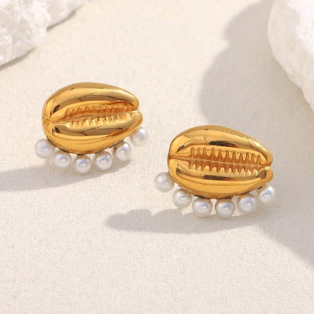 Bold Geometric Stainless Steel Earrings with 18K Gold Plating and Simulated Pearl Accents for Women